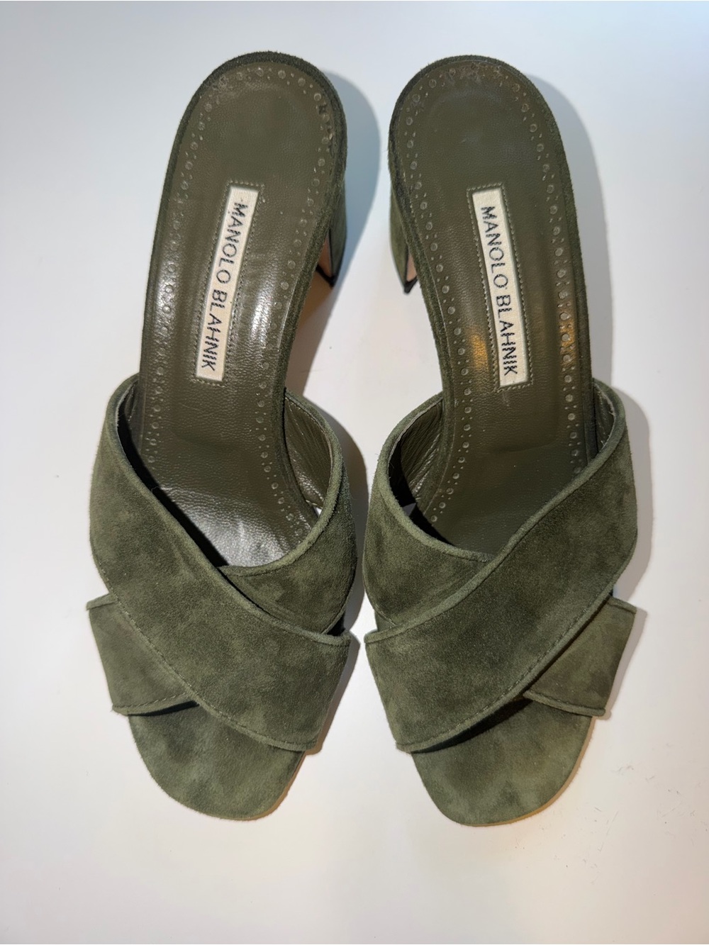Manolo Blahnik Olive Green Suede Crisscross Slide Mules